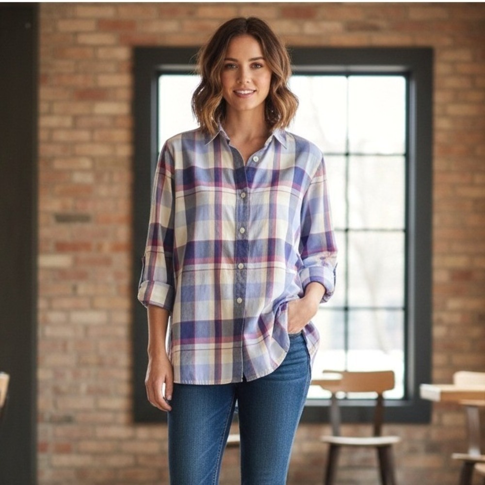 Haymaker Womens Large Plaid Button Down Shirt Blue Purple‎ Pink Long Roll Sleeve